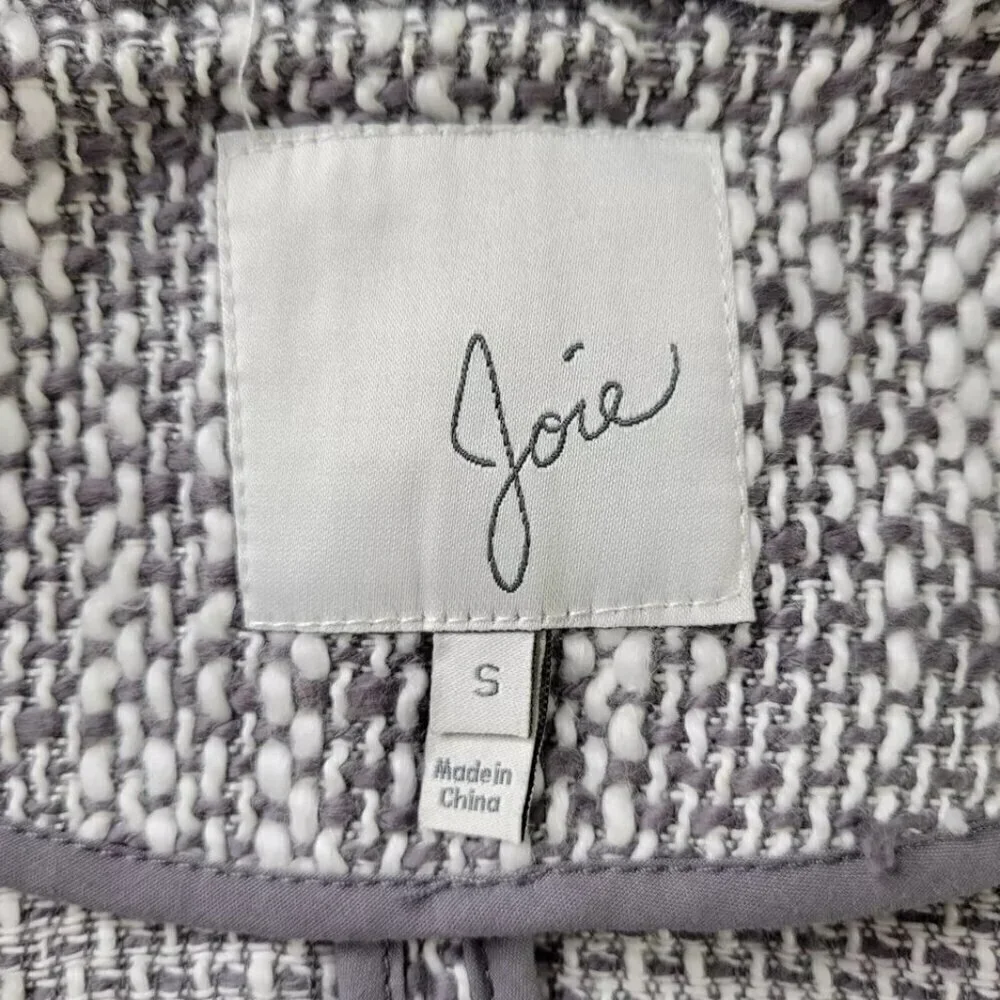 Joie Blazer Size S Gray White Tweed Zip Front Sleeve Fringe Trim Zipper Cuffs